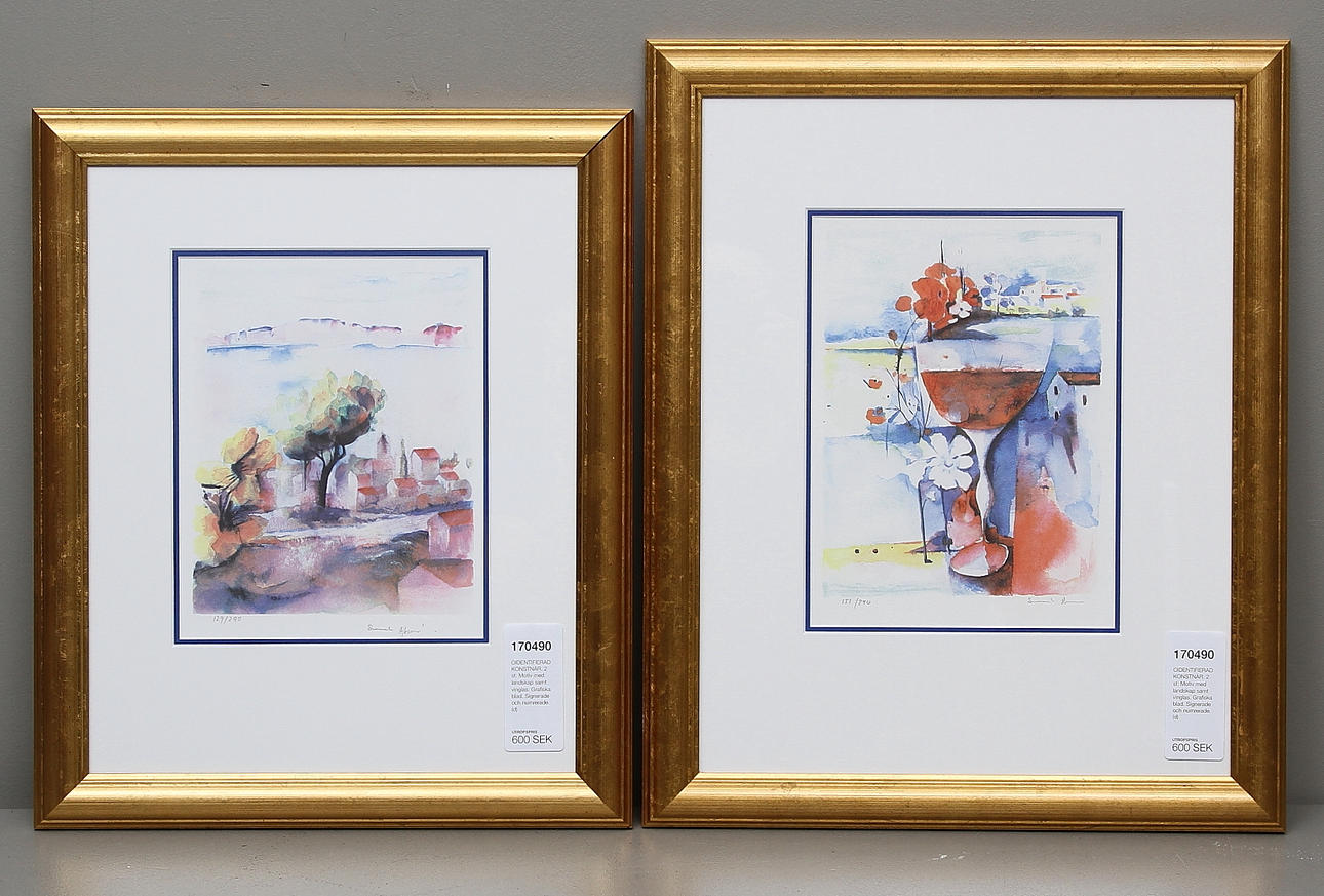 SMAIL AJKUNIC. 2 st. Motiv med landskap samt vinglas. Grafiska blad. Signerade och numrerade.