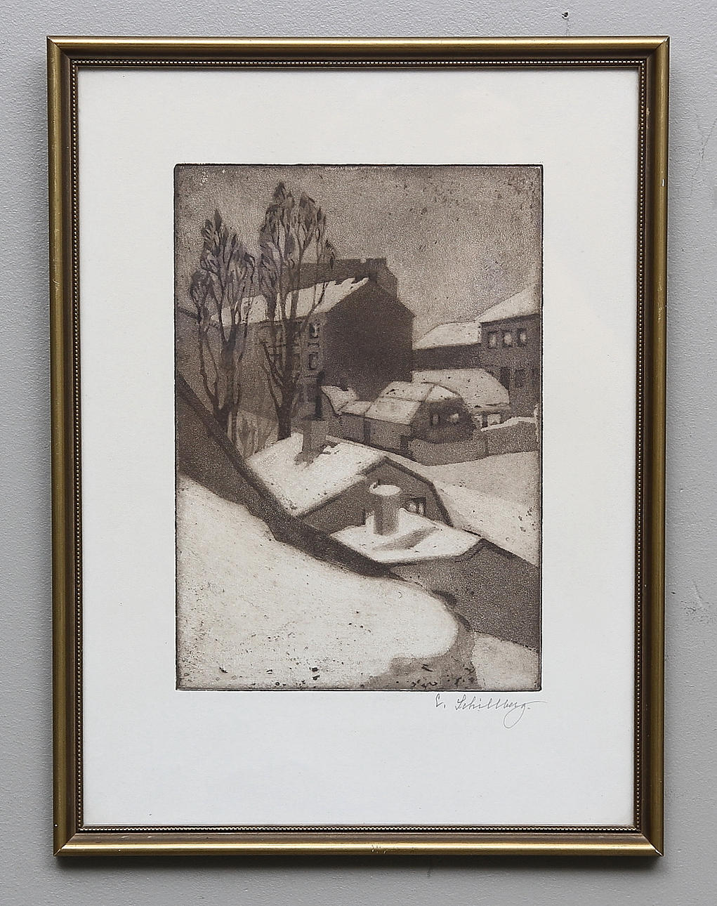 EVA SCHILLBERG. Stadsbild. Akvatintetsning, signerad E.Schillberg.