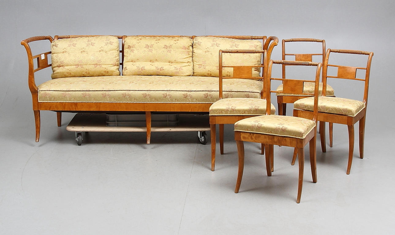 SOFFA samt 4 STOLAR, biedermeier, ca 1850.