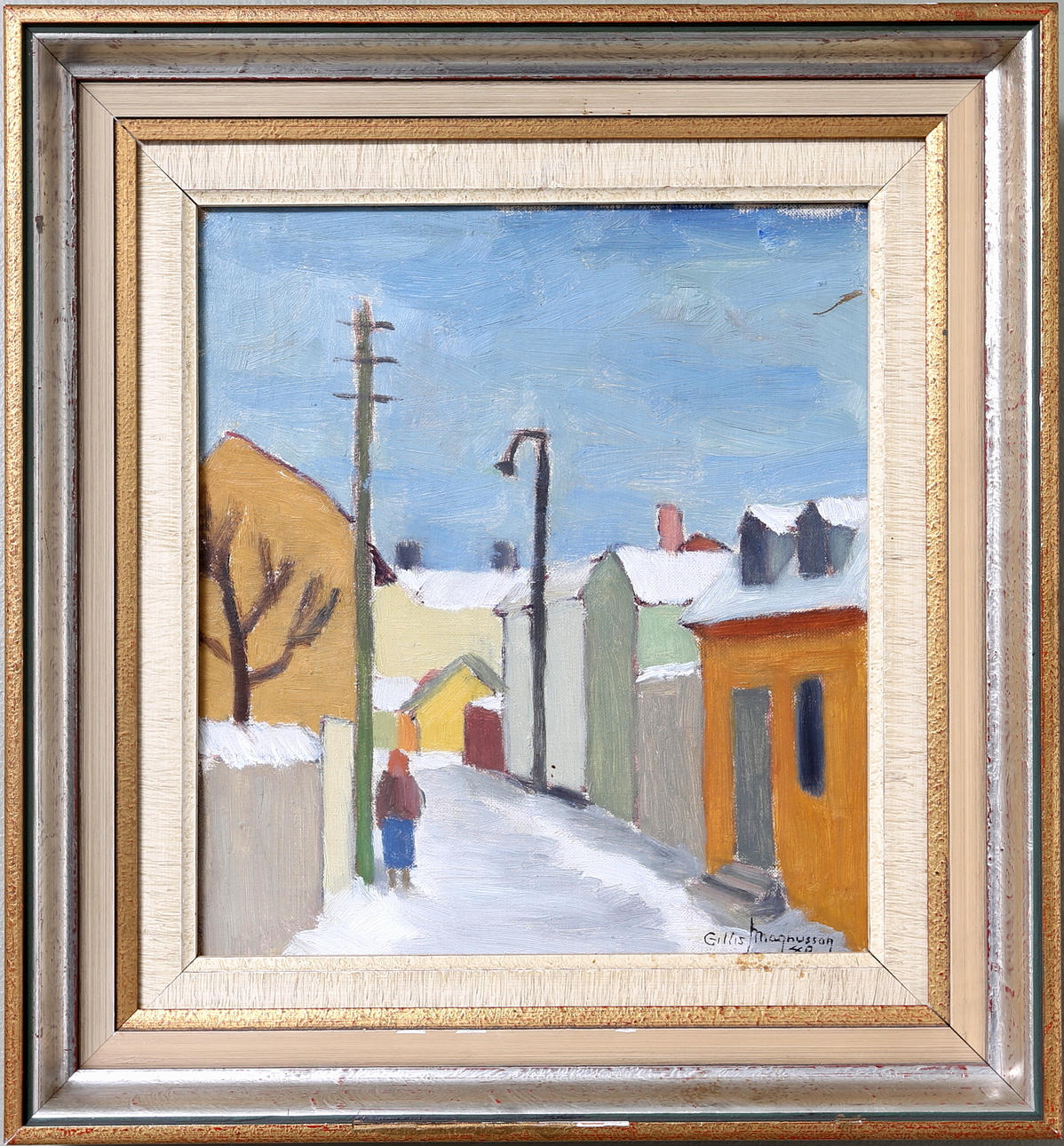 GILLIS MAGNUSSON. "Gamla Kungsgatan Kalmar, vintern 1948" olja på duk, signerad Gillis Magnussson.