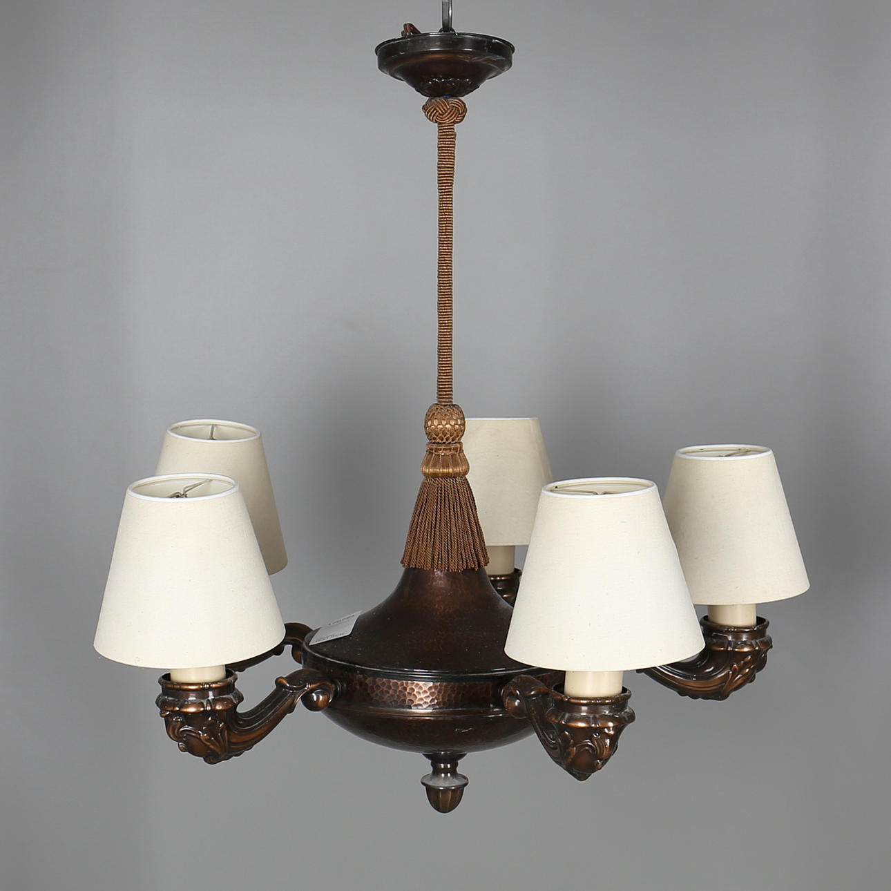 TAKLAMPA, 5 armad i koppar, 1940-tal.