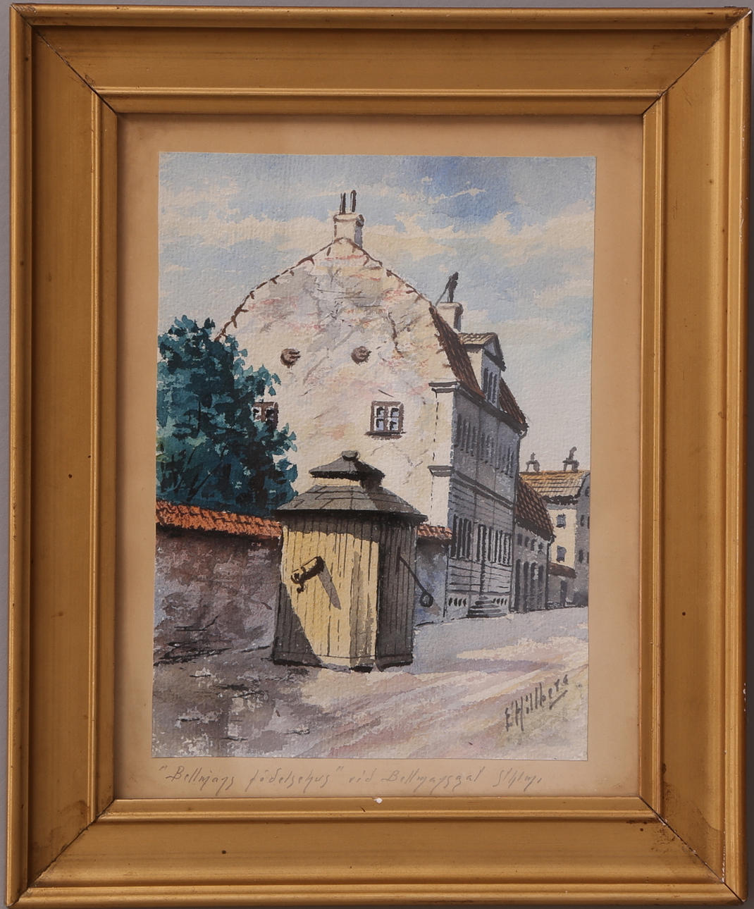 E. HILLBERG. Akvarell, "Bellmans födelsehus", signerad.