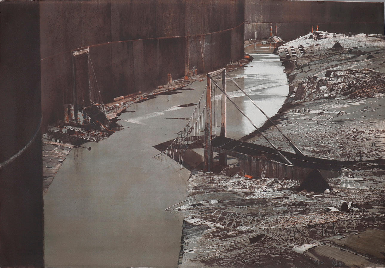 ROJ FRIBERG. LITHOGRAPHY, landscape with collapsed bridge.