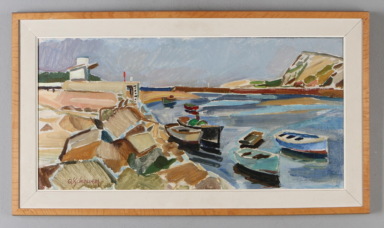 OLLE VON SCHEWEN. "Båtthamn i Biscaya", olja på pannå, signerad.