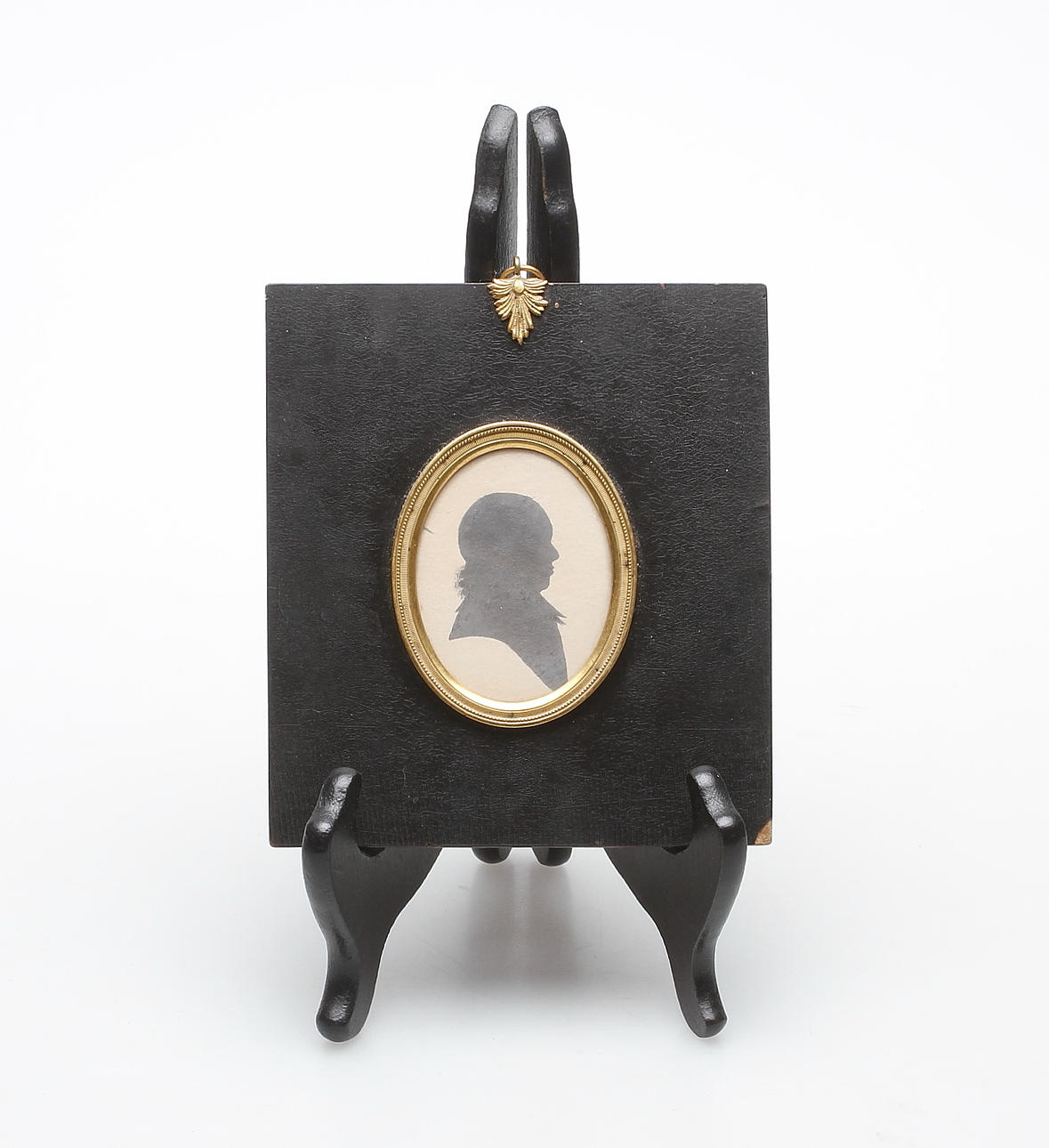 MINIATYRPORTRÄTT, man i profil med RAM, trä och mässing.