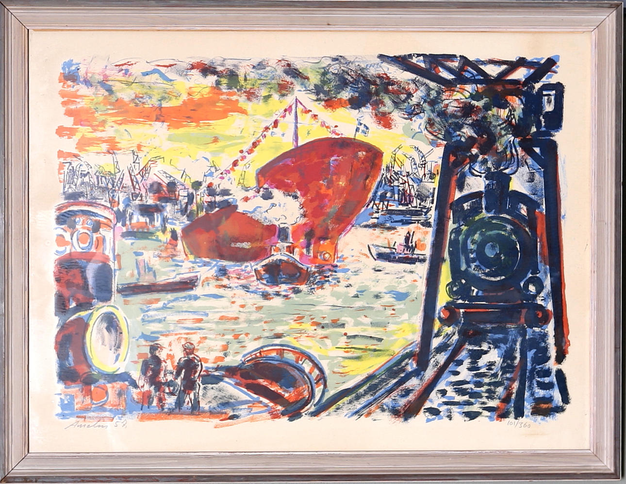 ALBIN AMELIN. Göteborgs hamn, litografi, signerad.