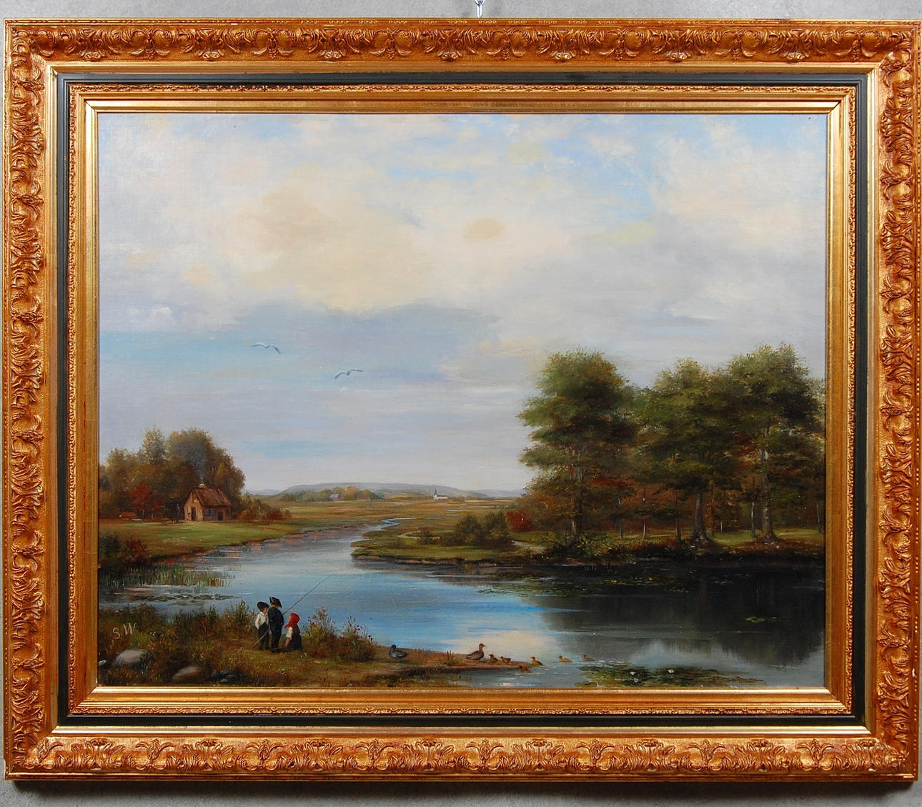 OIDENTIFIERAD KONSTNÄR. uppfodrad, " Fiskande barn " monogramsignerad S W, märkt A tergo.