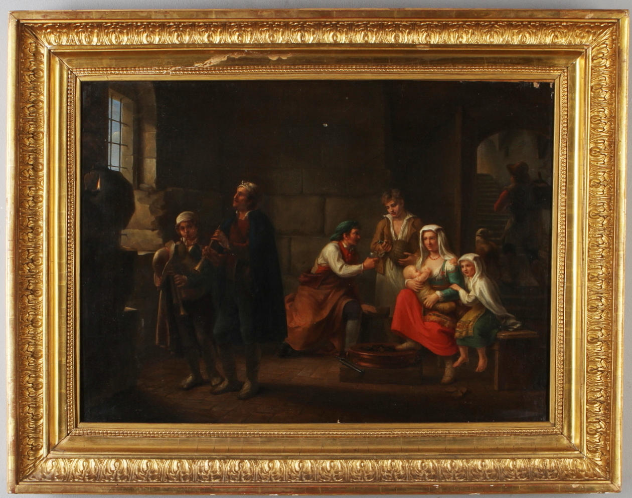 OIDENTIFIERAD KONSTNÄR. Interiör med sällskap och musiker, olja på duk, 1800-tal.