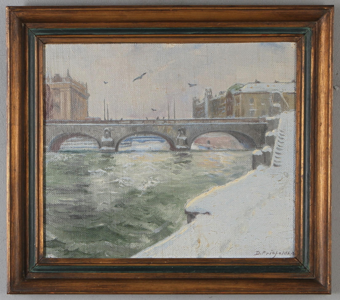 DAVID FRIEFELDT. Norrbro, olja på pannå, signerad.