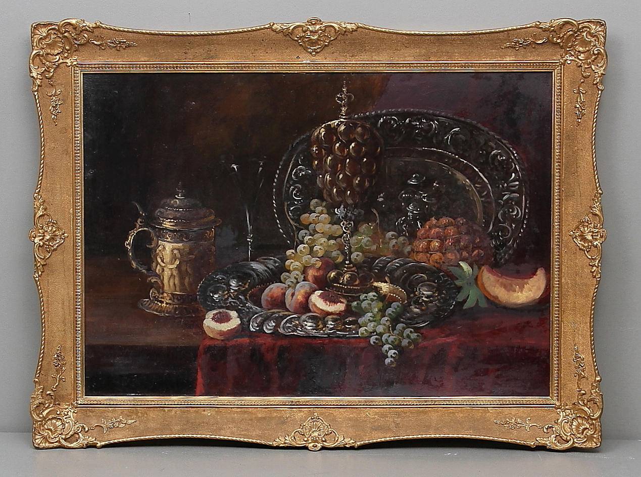 EDUARD HUBER-ANDORF. Barockstilleben med vindruvor. Olja på pannå. Signerad och München.