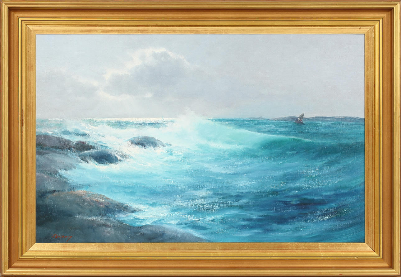 TAGE ERIKSSON. "Solglitter och bränningar, Hönö röd", olja på duk, signerad.