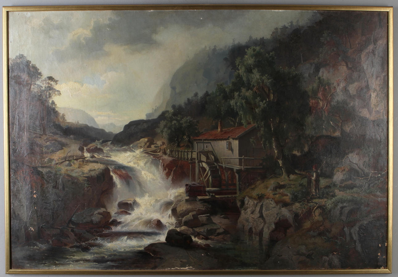 OIDENTIFIERAD KONSTNÄR. Forslandskap med kvarn, olja på duk, 1900-tal.