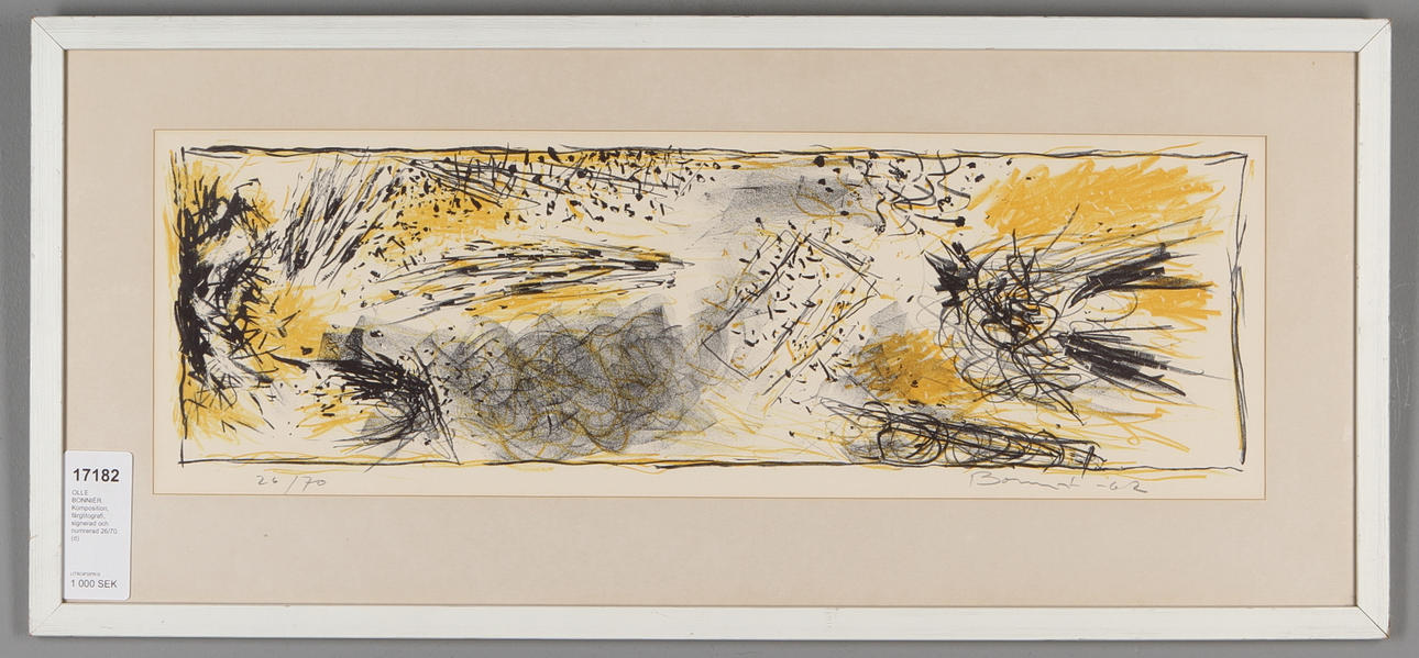 OLLE BONNIÉR. Komposition, färglitografi, signerad och numrerad 26/70.