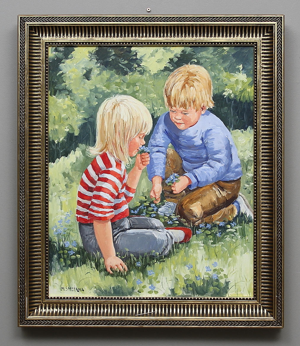MONICA SMETANA. Barn med blåsippor. Olja på duk. Signerad M.Smetana.