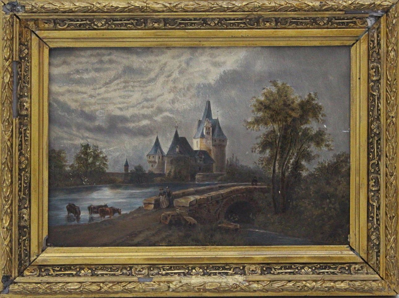 OIDENTIFIERAD KONSTNÄR otydlig signatur engelsk landsbygd 1800-tal.