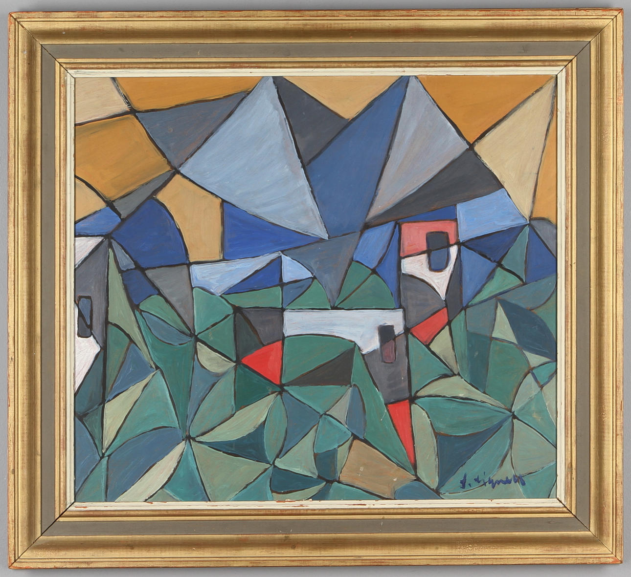 OKÄND KONSTNÄR. Komposition, olja på pannå, otydligt signerad.