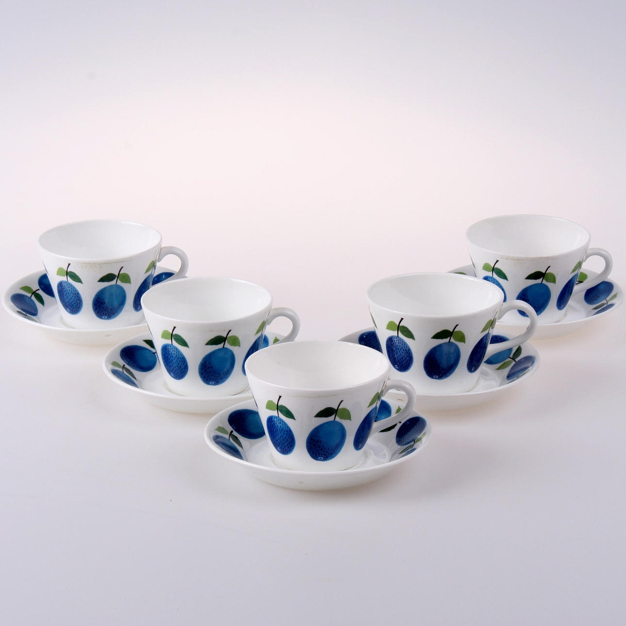 KAFFEKOPPAR, med fat, 10 delar, "Prunus", Stig Lindberg, Gustavsberg.