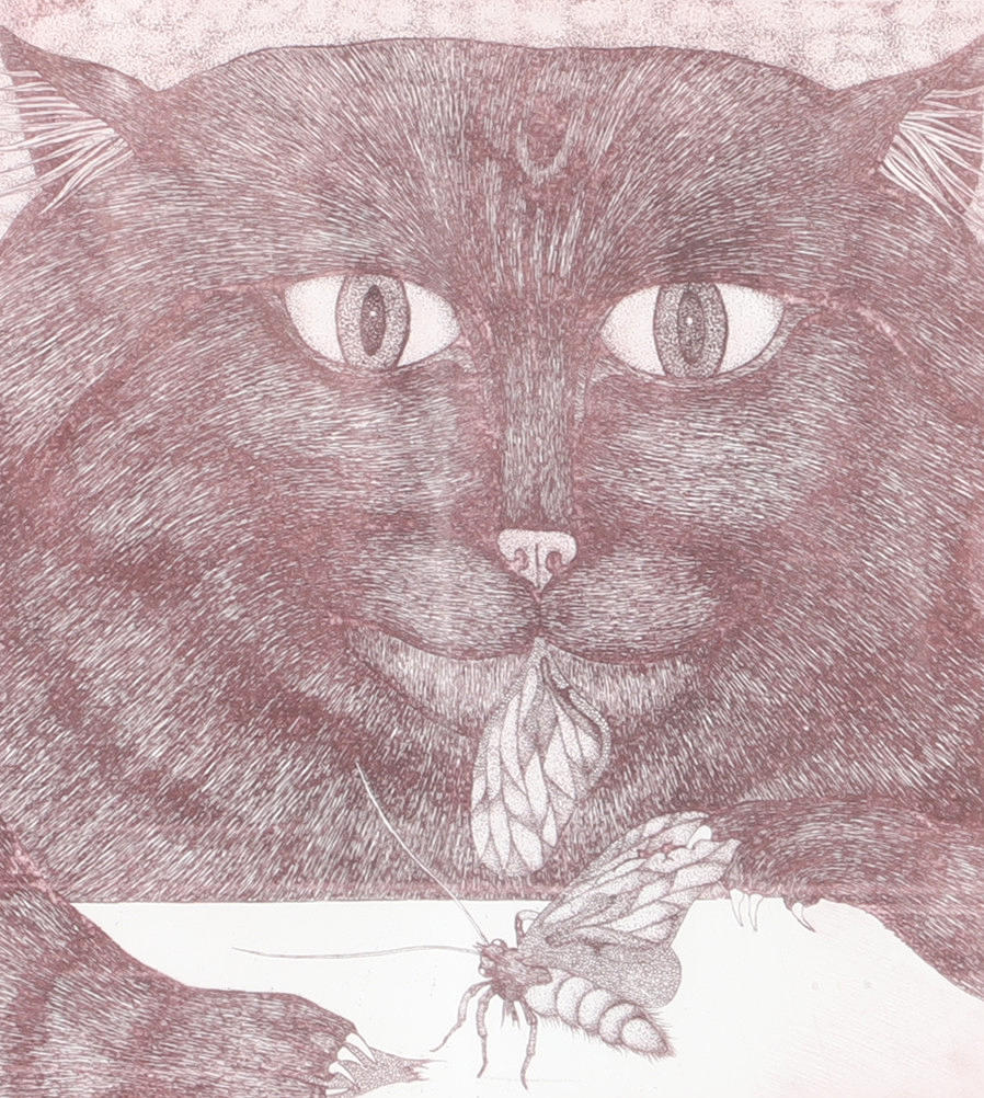 KATINKA NIEDERSTRASSER. Composition with cat, color lithograph, signed -73.