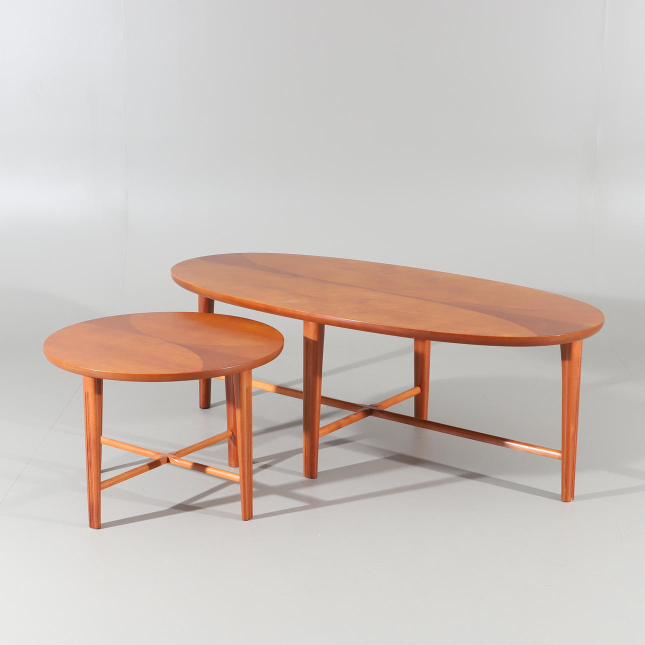 COFFEE TABLE AND LAMP TABLE, cherry/beech with marquetry, late 1900s.