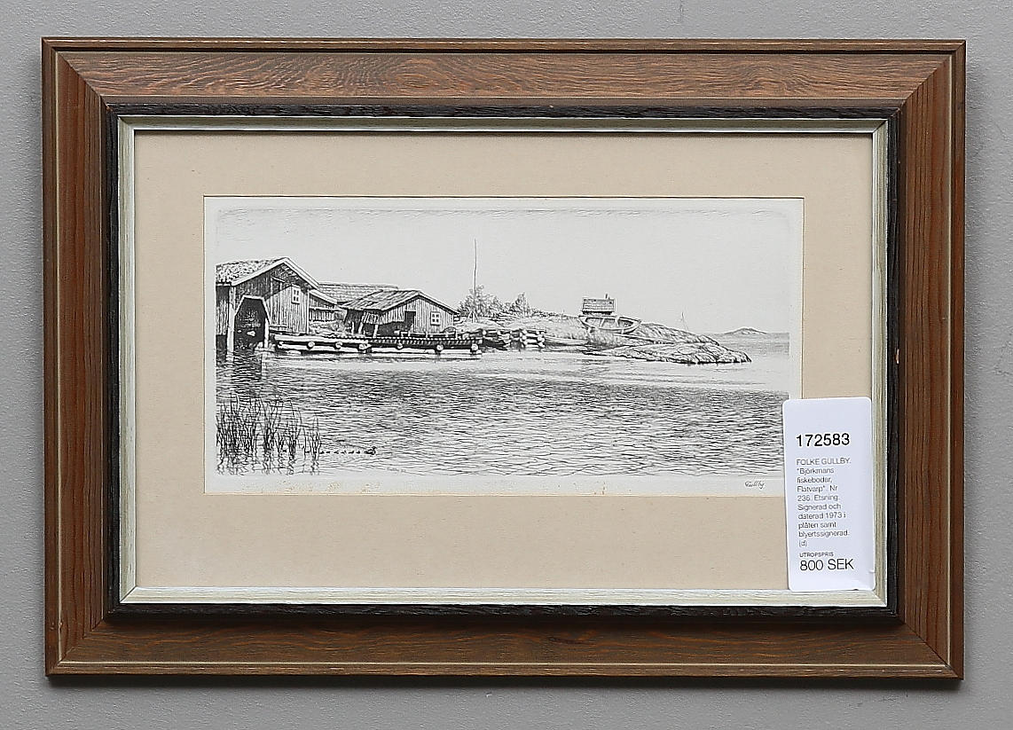 FOLKE GULLBY. "Björkmans fiskebodar, Flatvarp". Nr 236. Etsning. Signerad och daterad 1973 i plåten samt blyertssignerad.