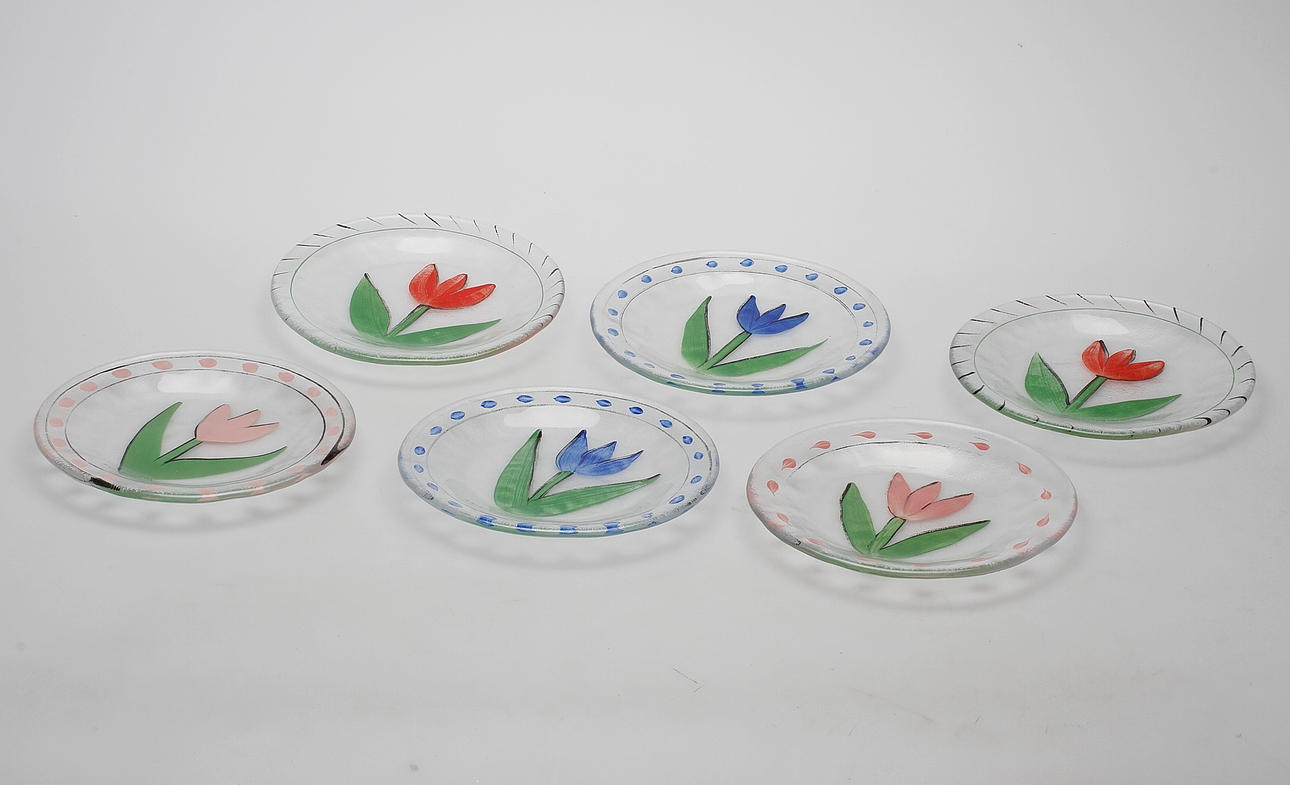 ASSIETTER, 6 st, glas, "Tulipa" Ulrica-Hydman Vallien, Kosta Boda.
