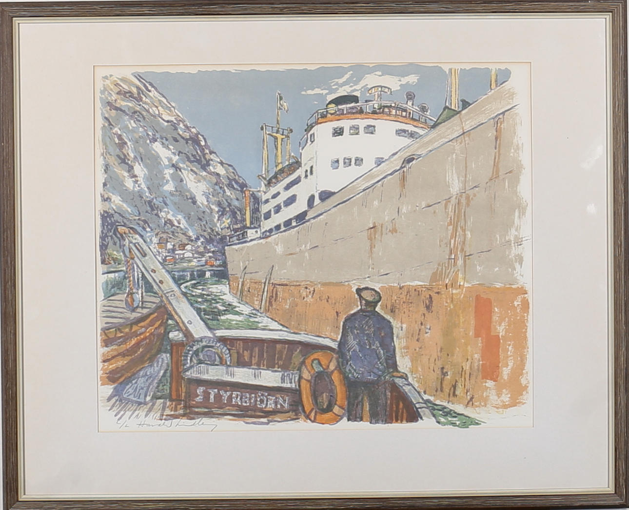 HARALD LINDBERG. Skärgårdshamn med skepp. Färglitografi. Signerad. 2/2.