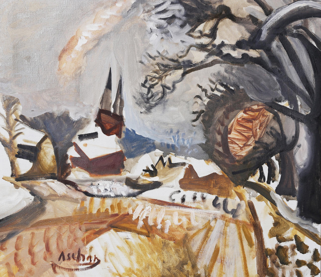 ULF ASCHAN. View of the cathedral, Växjö, oil on canvas, signed.