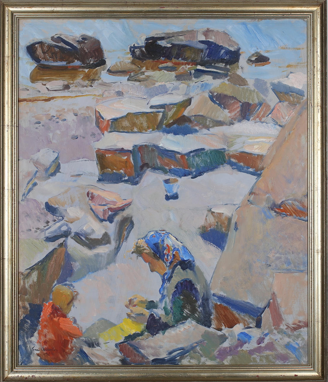 GUNNAR WALLENTIN. Kvinna och barn vid klippstrand. Olja på duk. Signerad och daterad -46.