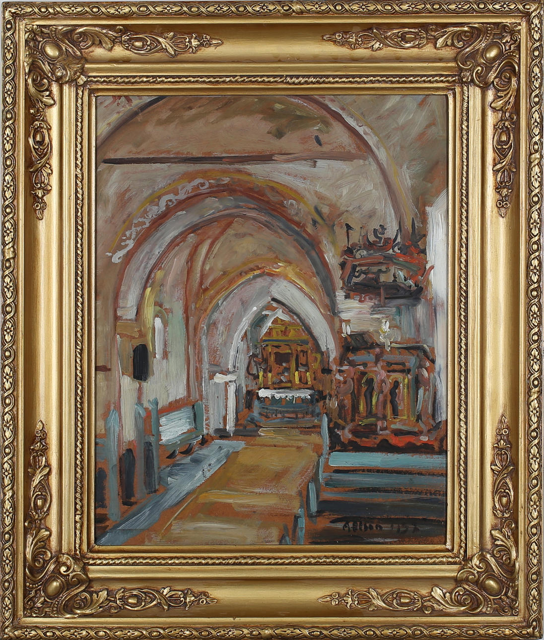 ANDERS OLSSON. Kyrkointeriör Maglarps kyrka. Olja på pannå. A Olsson och daterad 1937.