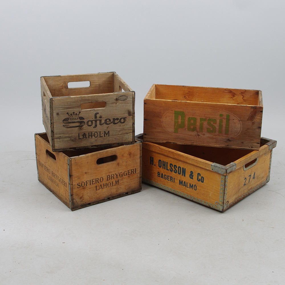 LÅDOR, 4 stycken, trä/metall, bl. a. Sofiero bryggeri.