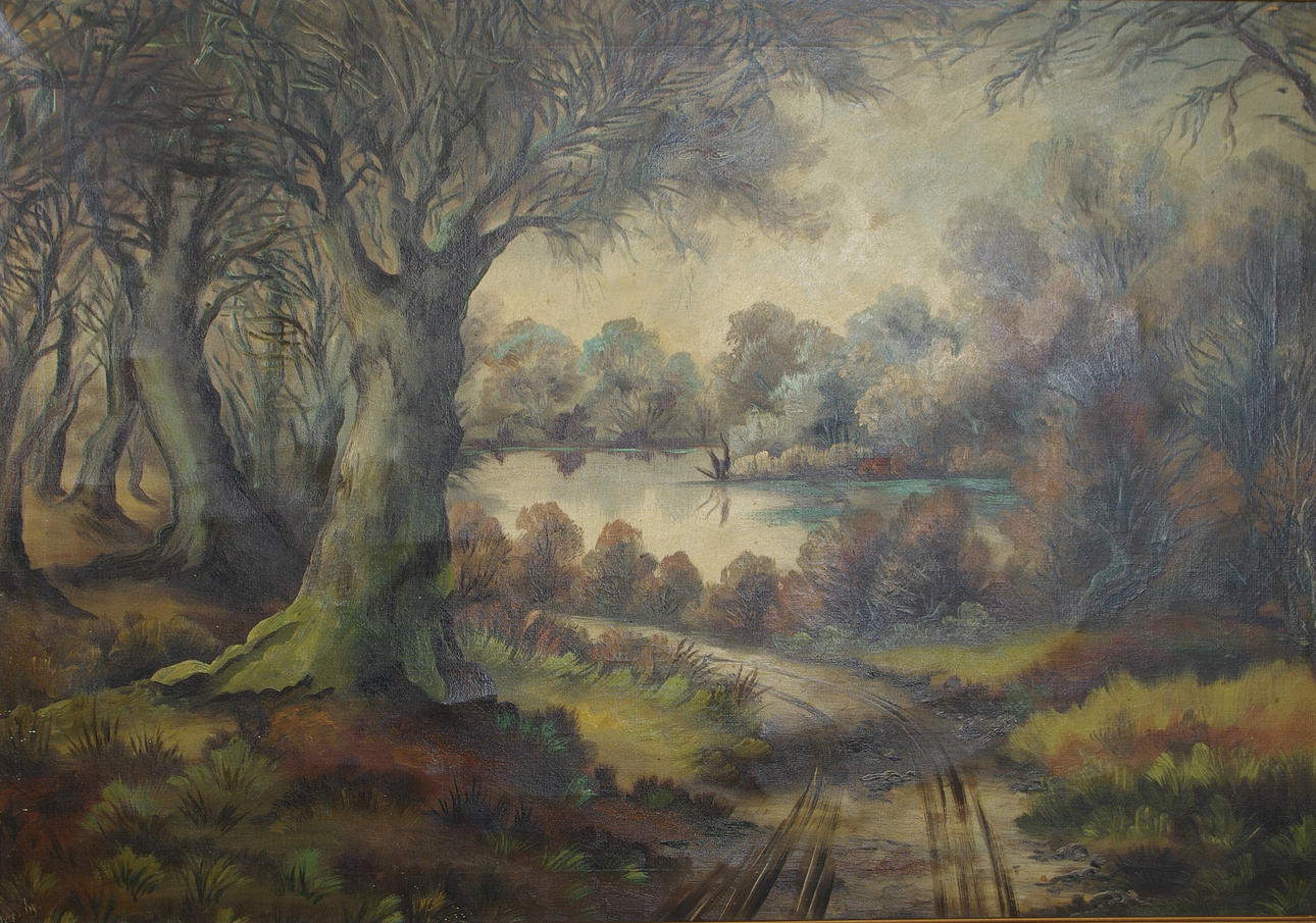 OIDENTIFIERAD KONSTNÄR. Landskap med träd och sjö, olja på duk, otydligt signerad.