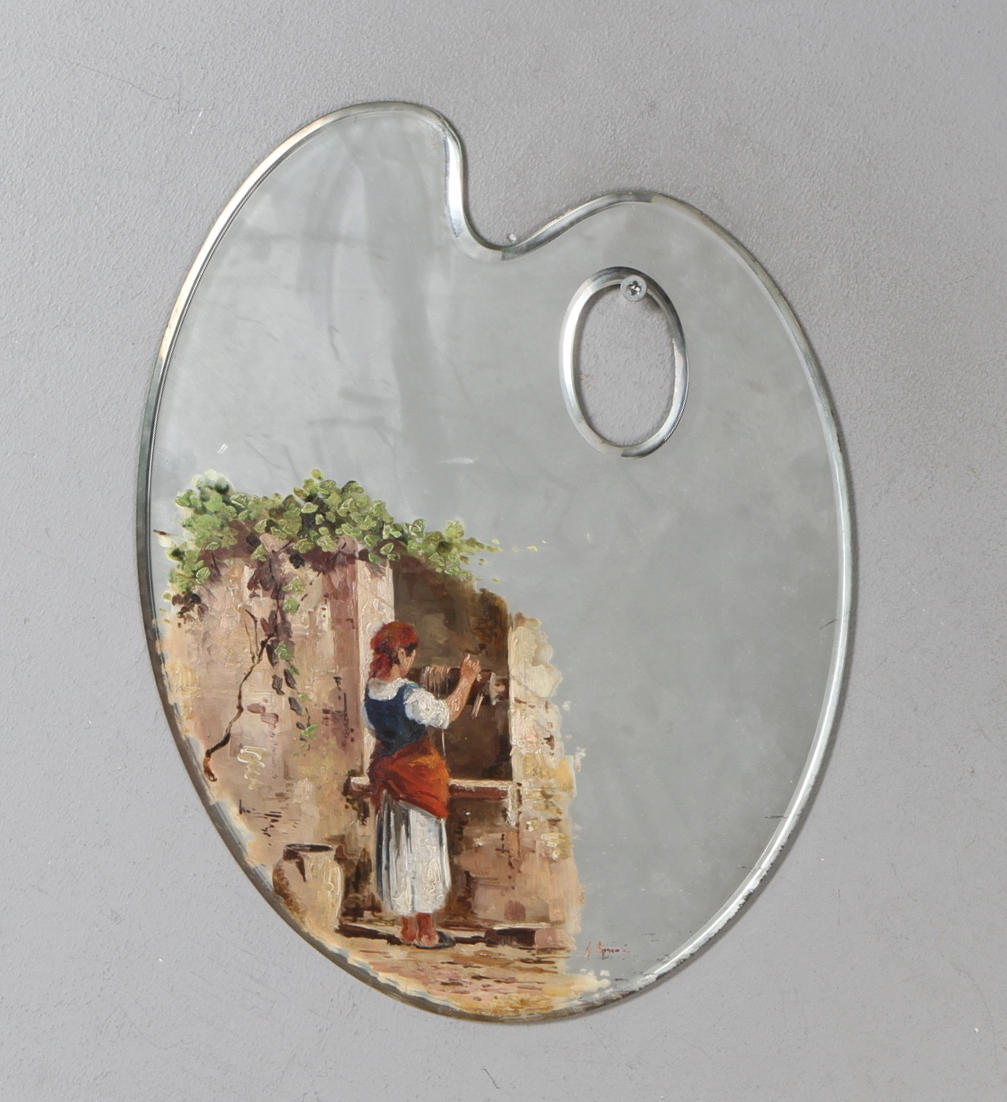 OIDENTIFIERAD KONSTNÄR. Kvinna vid brunn, målning på spegel i form av pallet, otydligt signerad, 1900-tal.