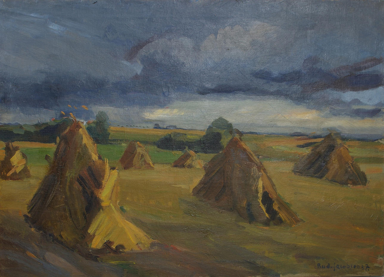 RUD JACOBSEN. Landskap med höstackar, olja på duk, signerad 37.