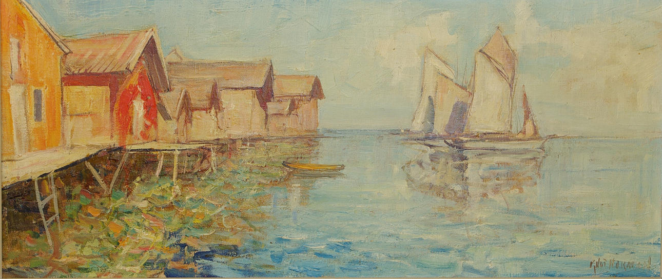 KNUT NORMAN. Sjöbodar och segelbåtar, olja på duk, signerad.