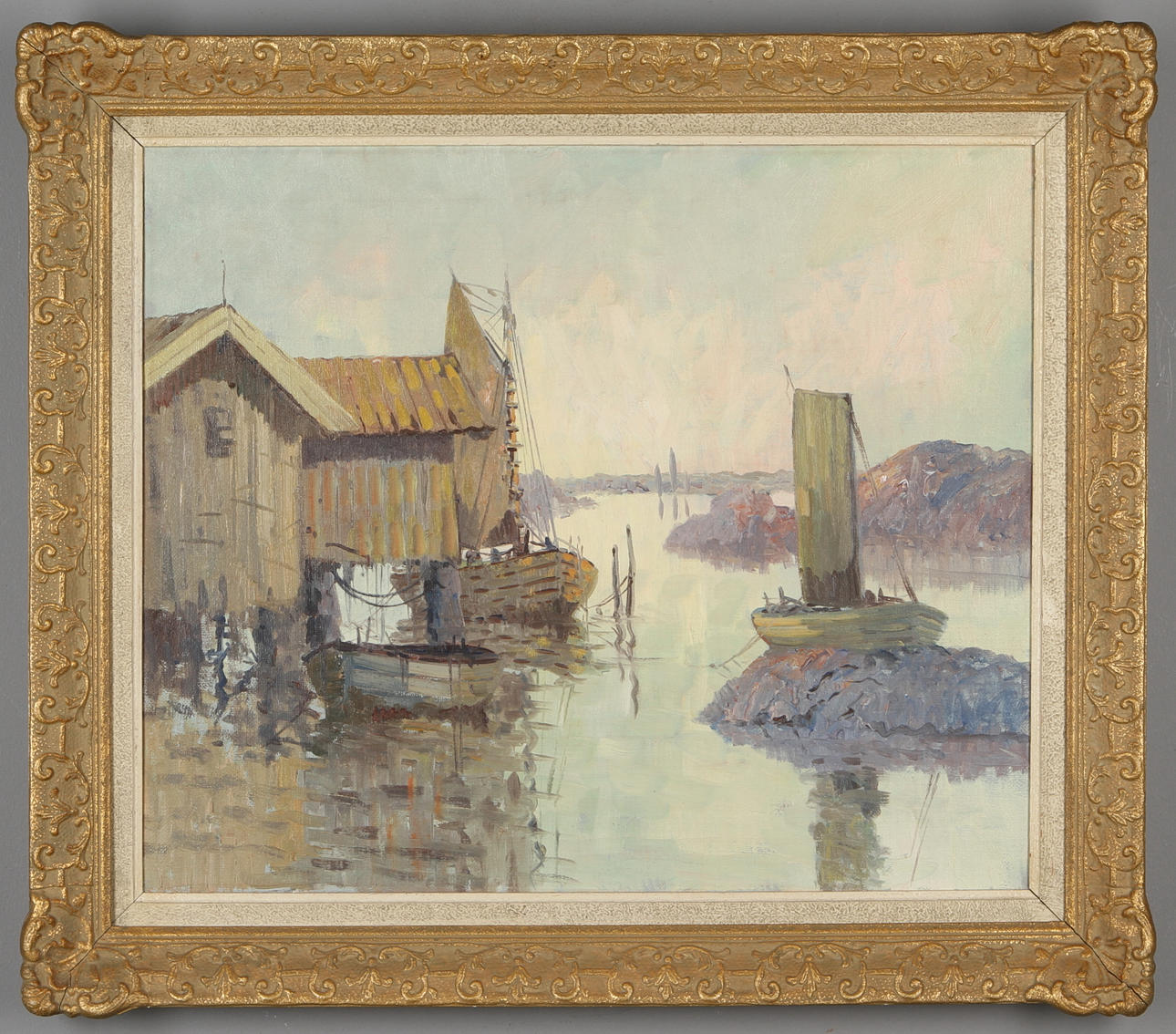 OKÄND KONSTNÄR. Fiskeläge, olja på duk, osignerad.