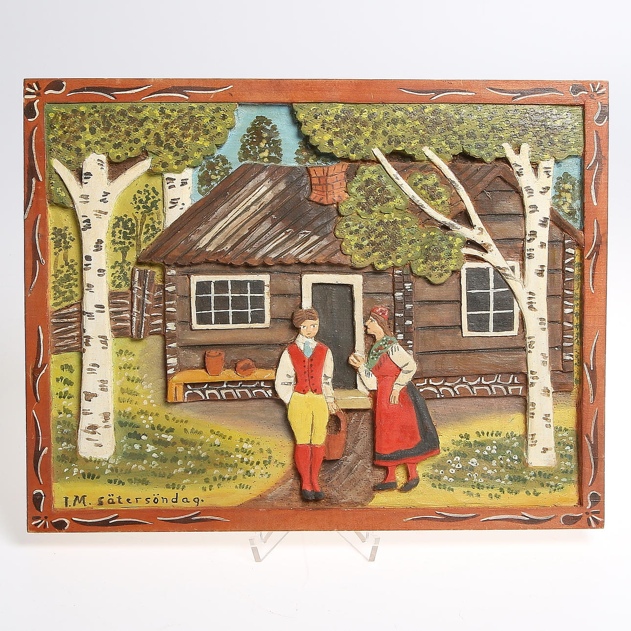 IDA MALM. Trärelief, "Sätersöndag", signerad och daterad, Bergsjö. 1900-talets mitt.