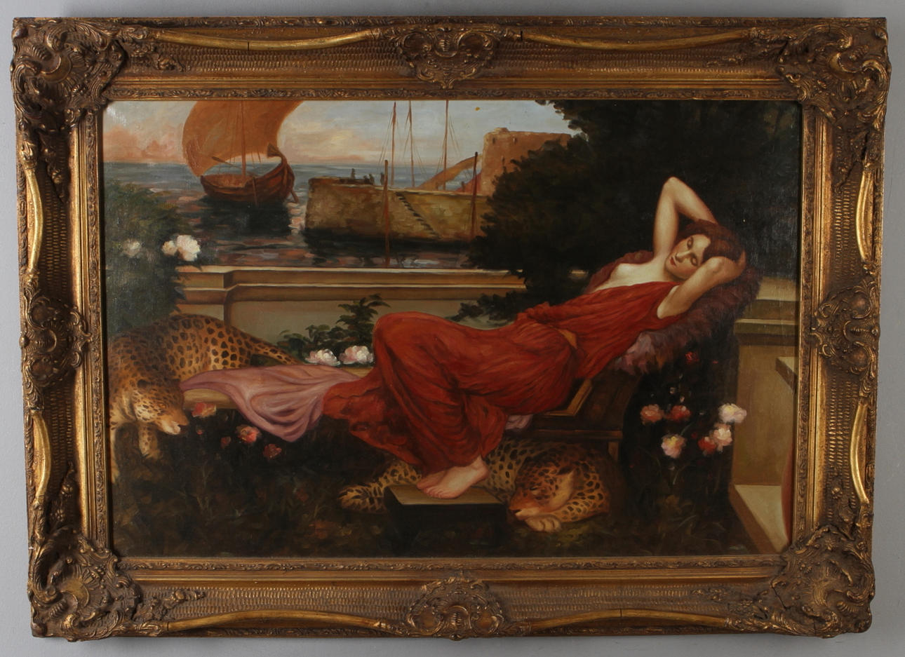 DEKORATIV TAVLA, Kvinna med leoparder, olja på duk, 2000-tal.