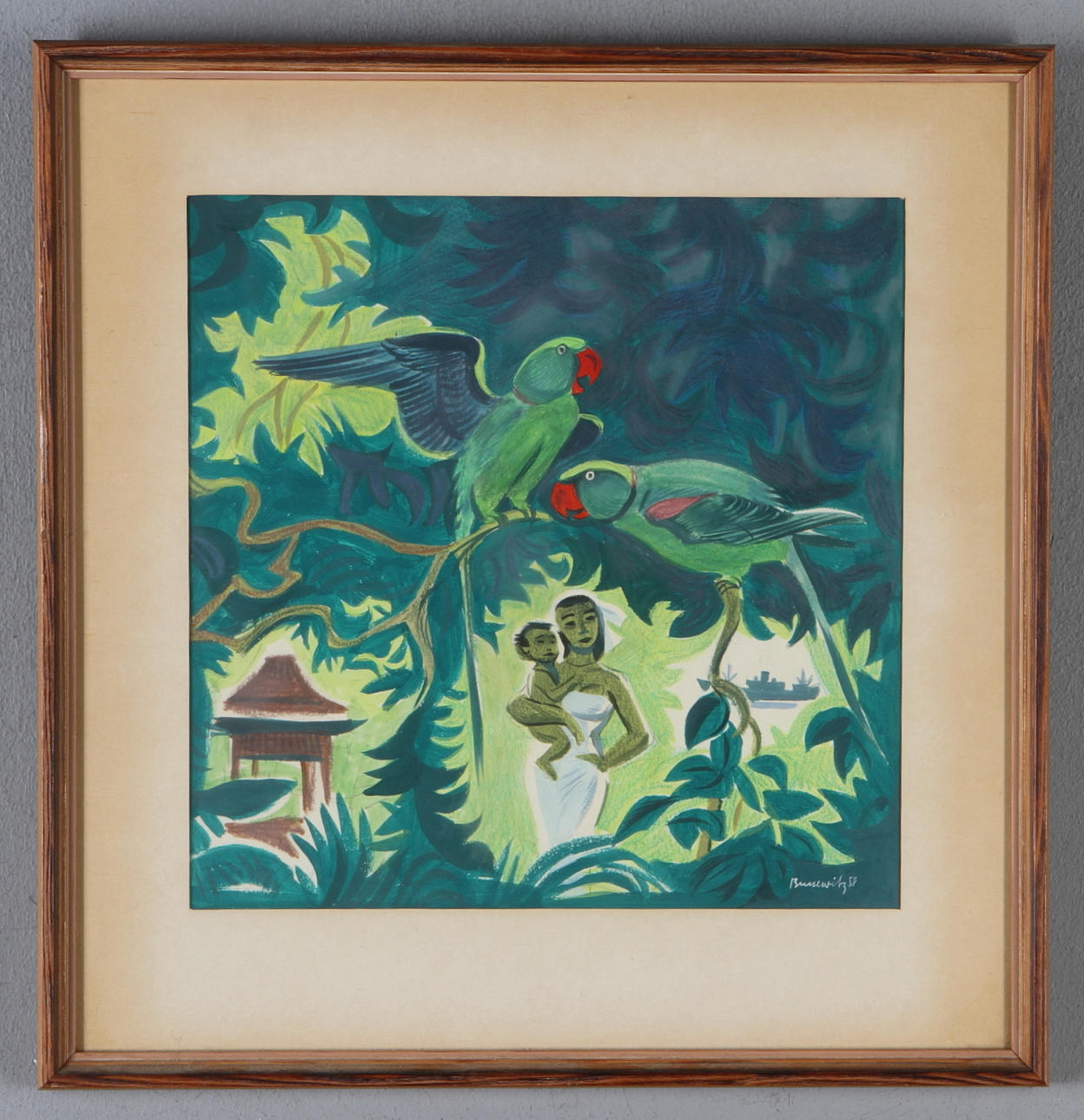 GUNNAR BRUSEWITZ. Komposition med bland annat papegojor, blandteknik, signerad samt daterad 58.