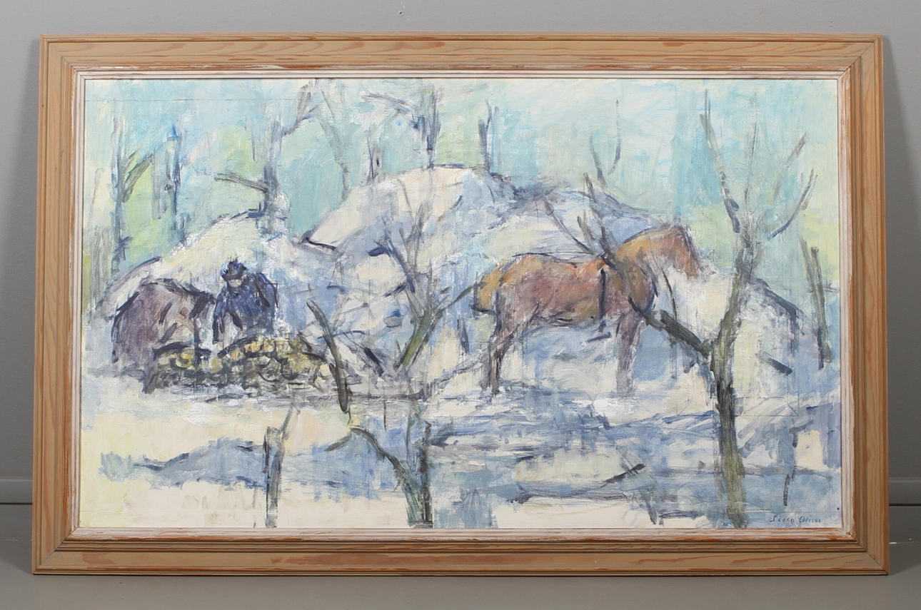 SÖREN OLSSON. Timmerhästen, olja på pannå, signerad.