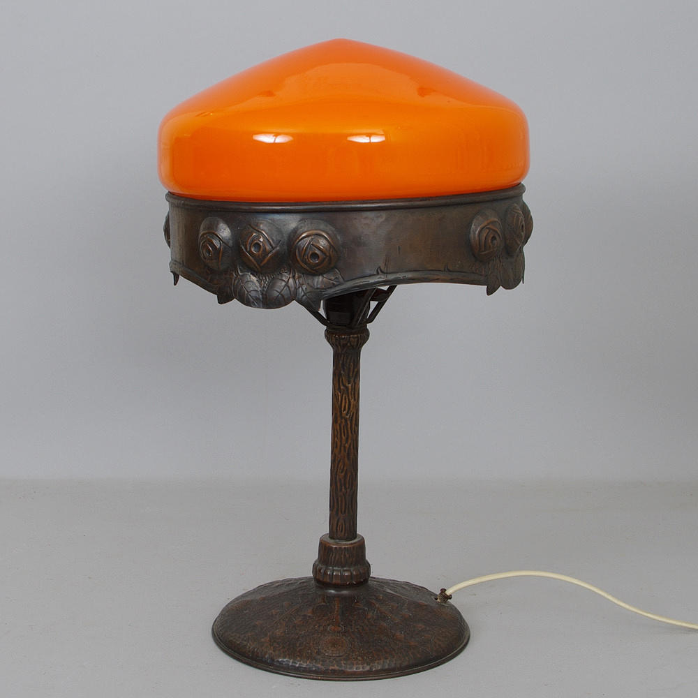 BORDSLAMPA, koppar/glas, jugend.