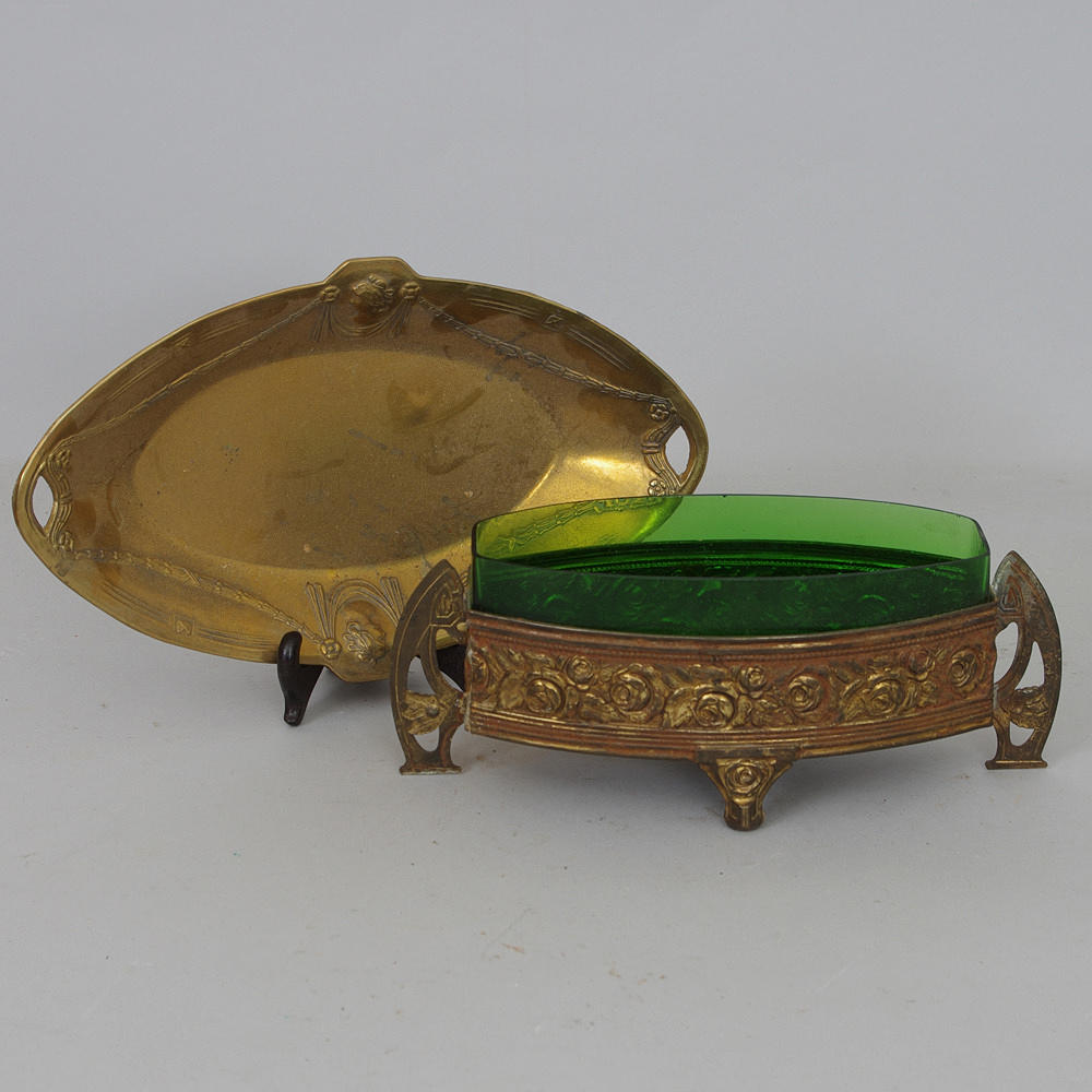 SKÅL SAMT FAT, mässing, glas, jugend.