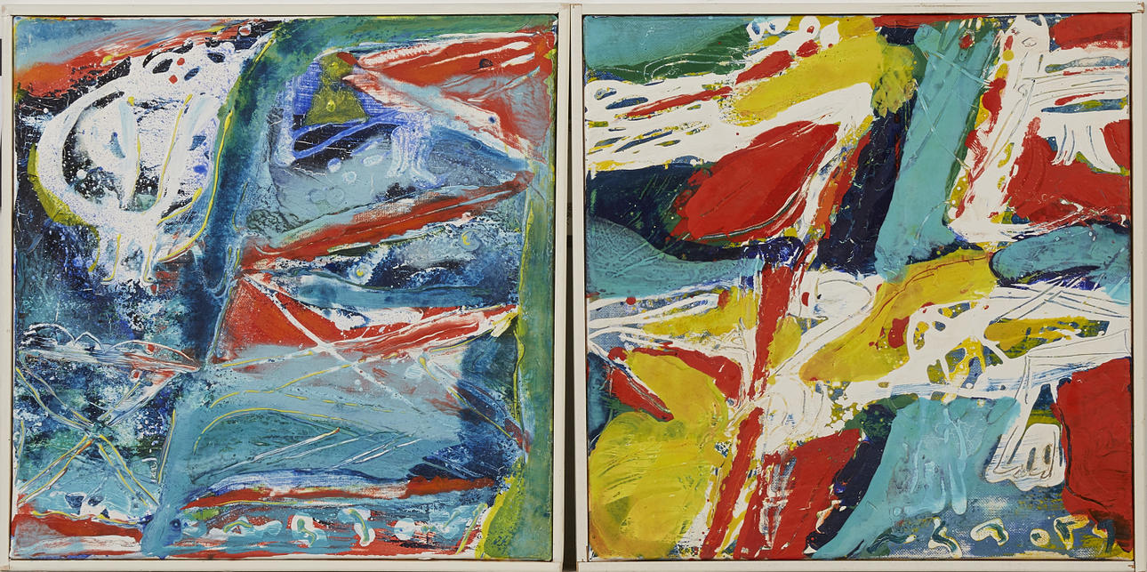 PETER NYBORG, acrylic on canvas, 2 pieces, abstract composition.