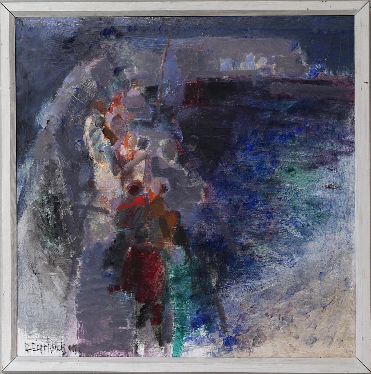 EBBE EBERHARDSSON. Dansande par på bryggan, olja på pannå, signerad E Eberhardsson.