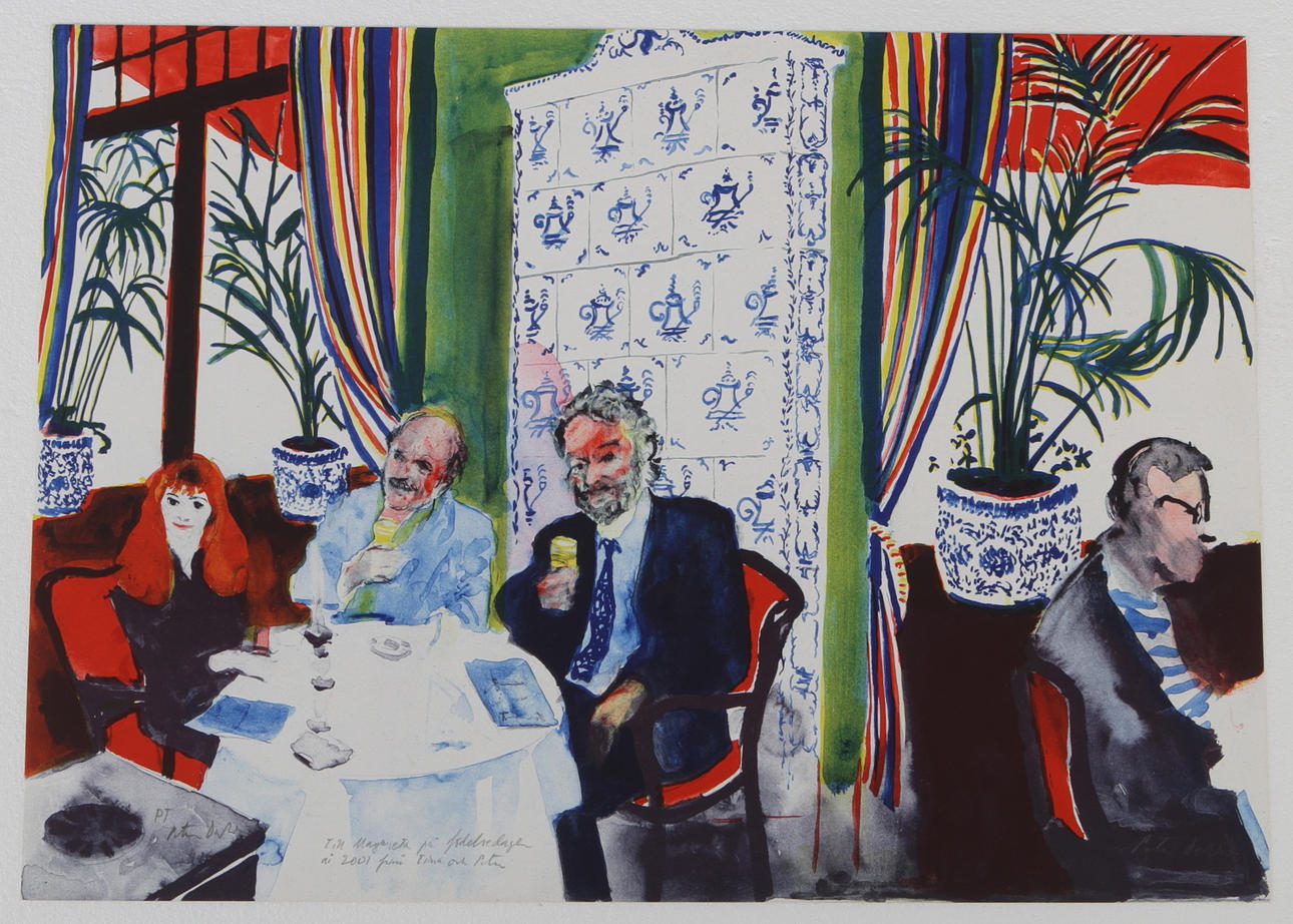 PETER DAHL. Interiör från restaurang Tennstopet, litografi, signerad samt med dedikation.