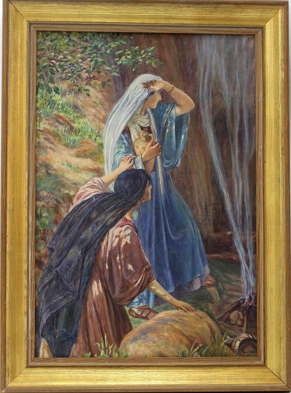 OIDENTIFIERAD KONSTNÄR. olja på pannå bibliskt motiv, signerad E.L.