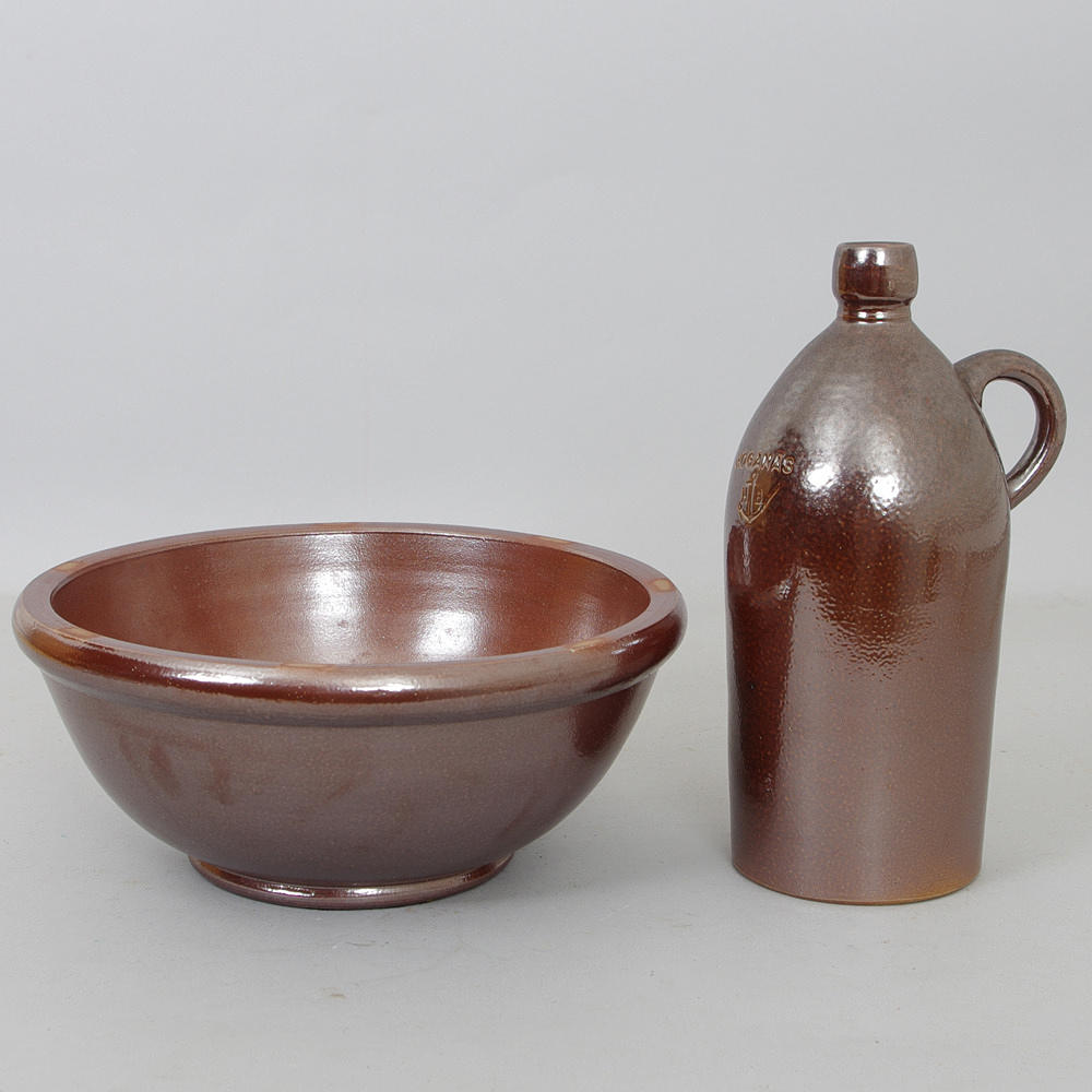 SENAPSSKÅL SAMT BRÄNNVINSKRUS, keramik, Höganäs.