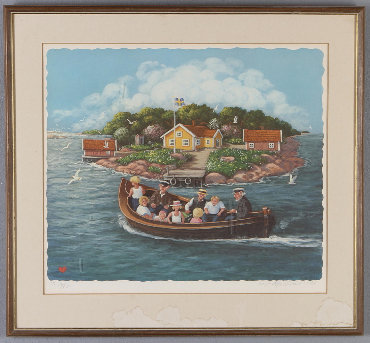 BERT-HÅGE HÄVERÖ. litografi, skärgårdsmotiv med sällskap i båt, signerad, numrerad samt daterad -79.