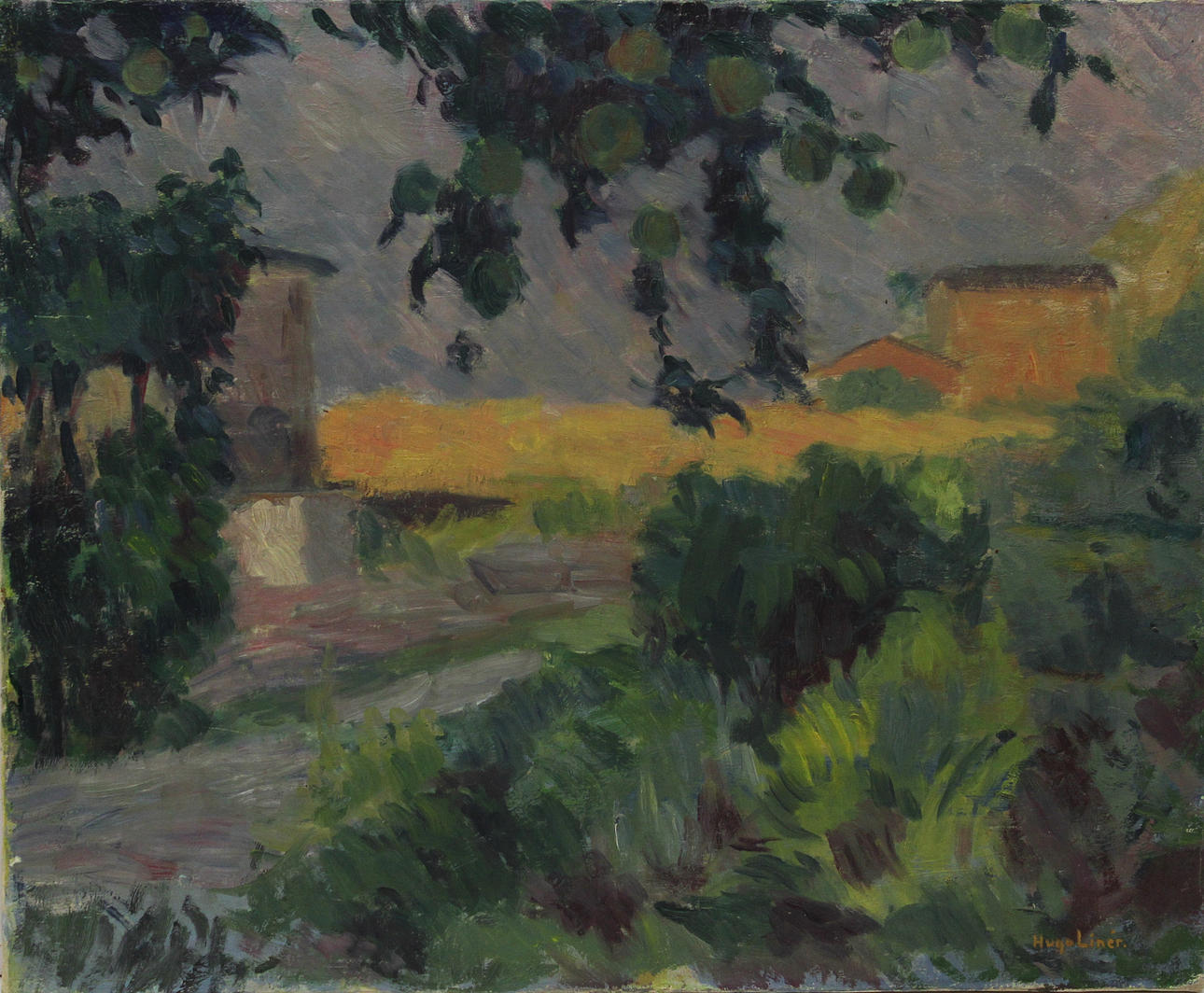 HUGO LINÉR. "Blommande luzern, Ven 1947". Olja på duk. Signerad.