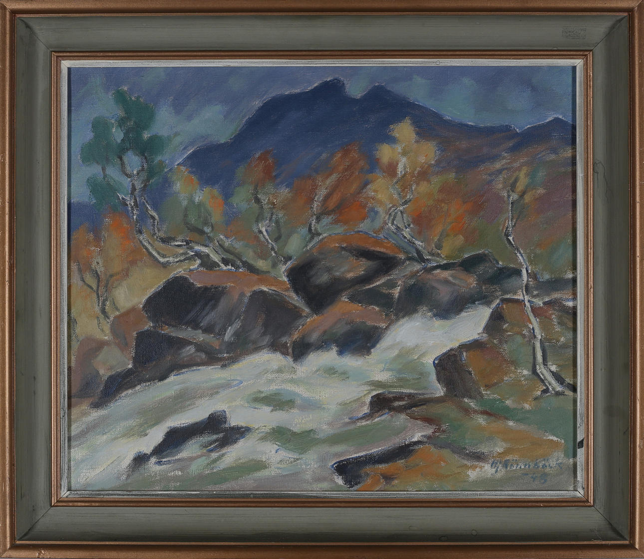 HJALMAR RÖNNBÄCK. Mountain landscape with rapids, oil on canvas, signed and dated -48.