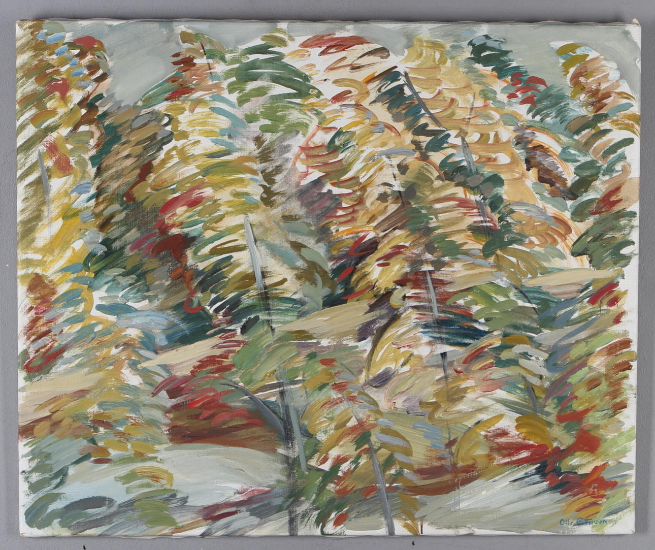 OLLE PETTERSSON. Komposition med träd, olja på duk, signerad.